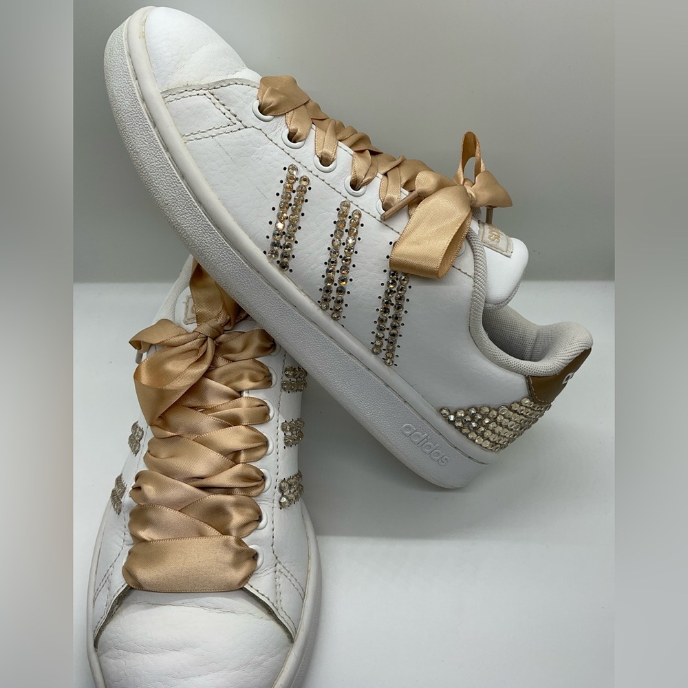 CUSTOM Adidas Womens Advantage Leather Sneakers 6 Swarovski Stones Satin Laces